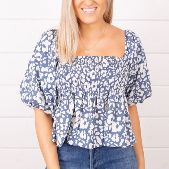NEW NWT By Together Blue Cream Blouse Square Neckline - Picture 1 of 9